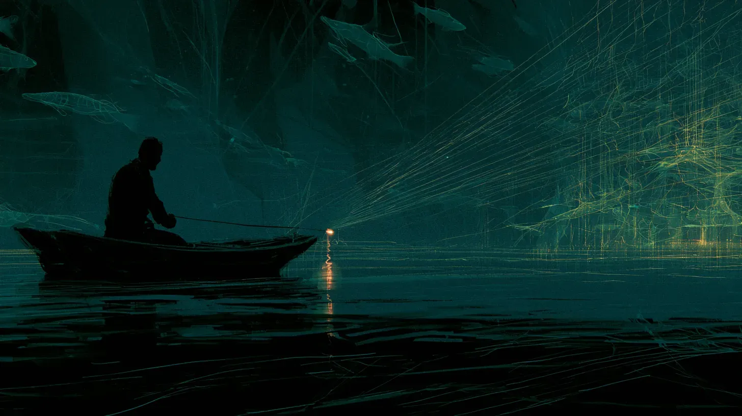 A lone figure in a boat lowering a glowing line into dark water, faint fish and a lattice of light revealed beneath the surface
