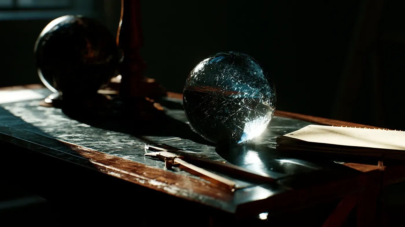 A dim crystal ball and a brighter one on a desk beside brass measuring calipers and papers